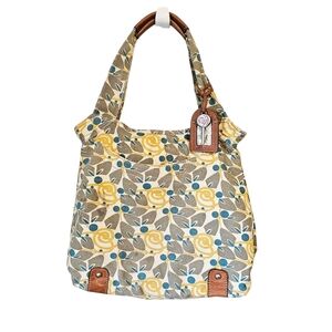 Fossil canvas Floral Patterned Tote Bag with Yellow and Blue Accents